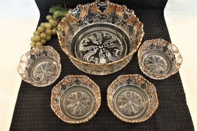 1904 Jefferson Glass 5 Piece Berry Bowl Set, No. 251 OMN, Idyll Pattern
