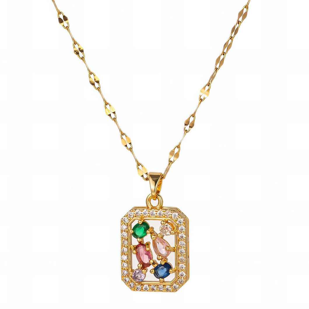 Radiant 18K Gold-Plated Multi-Color Square Necklace – Where Style Meets Sophistication