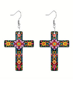 Flower Print Acrylic Cross Earrings - A Harmonious Blend of Style and Grace