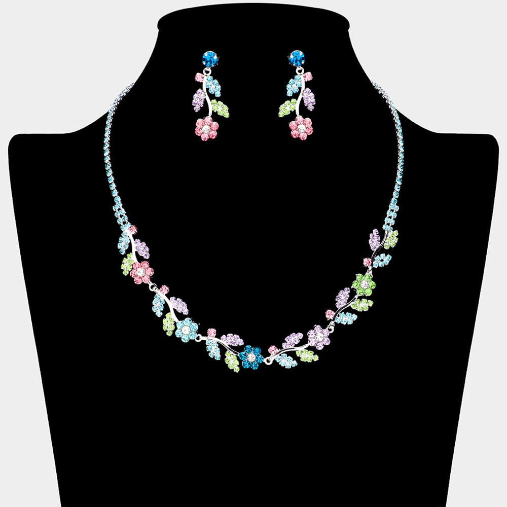 Floral Rhinestone Necklace – Rainbow Garden Sparkle for Everyday Glam