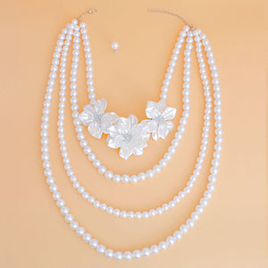 Pearl Necklace White Flower 4 Strand Set for Women