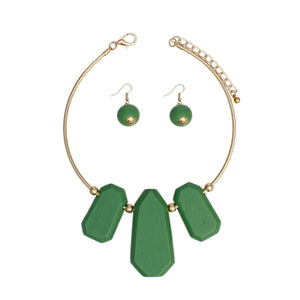 Bib Green Chunky Wood Gold Rigid Collar Necklace