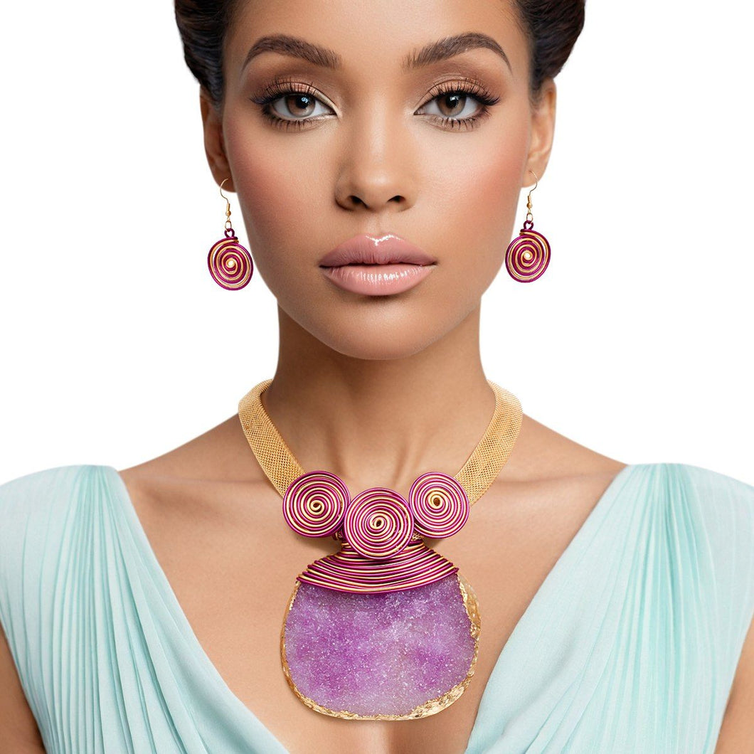Pendant Purple Druzy Stone Wire Tribal Necklace