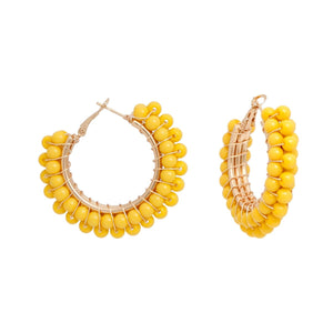 Hoops Yellow Bead Gold Wire Wrapped Earrings Women
