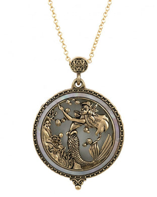 Mermaid Abalone Magnifying Glass Metal Pendant Long Necklace - LAST ONE