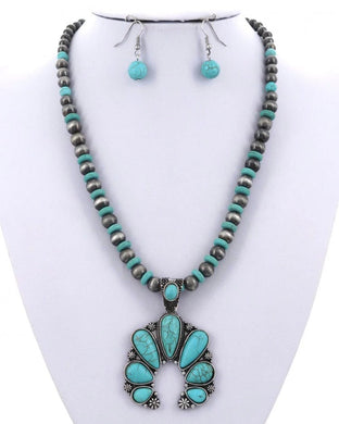 Western Concho Stone Pendant Necklace & Earring Set