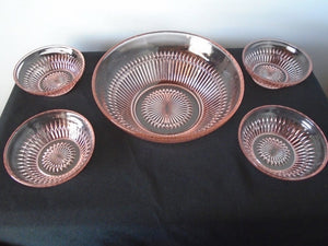 6 Piece Rare Vintage Pink Depression Salad Bowl Set with Serving Plate

