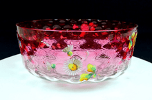 Bowl 1880-1900 EAPG Cranberry and Clear Enamel Floral Coin Spot Optic 8 1/2"