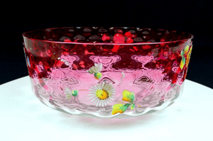 Bowl 1880-1900 EAPG Cranberry and Clear Enamel Floral Coin Spot Optic 8 1/2"
