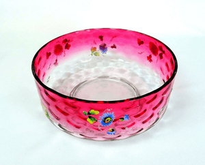 Bowl 1880-1900 EAPG Floral Coin Spot Optic Cranberry8 1/2" Clear Enamel