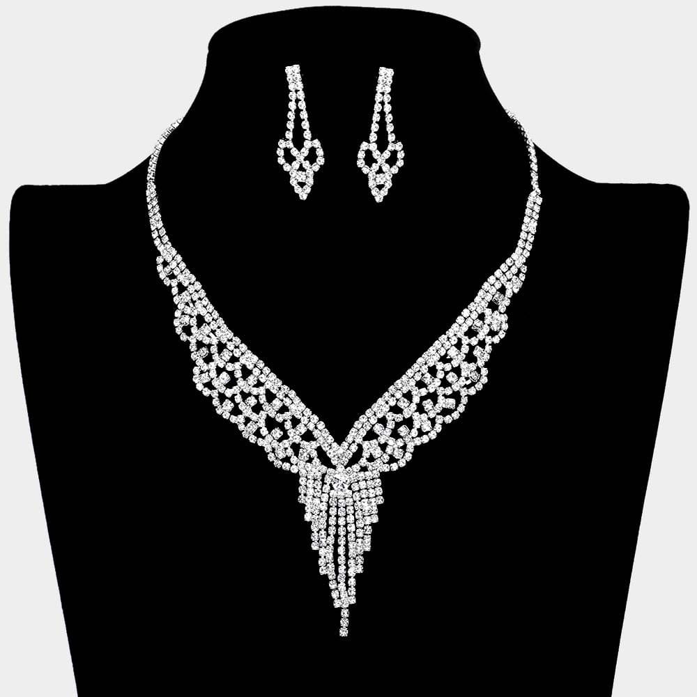 Bridal Wedding Bridesmaids Rhinestone Necklace Set with Matching Earrings - Prom Jewelry Set