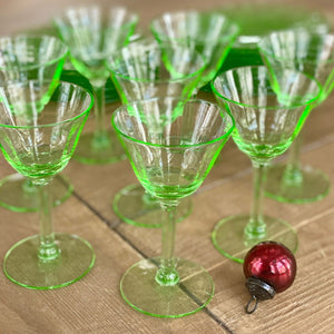 Depression Glass Vintage Green Cordial Glasses Set 8
