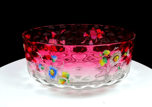 EAPG Cranberry and Clear Enamel Floral Coin Spot Optic 8 1/2" Bowl 1880-1900