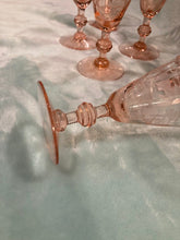Fry Depression Glass Set of 7 Rose Pink Etched Wine Goblets, 3 oz Root Beer Stem
