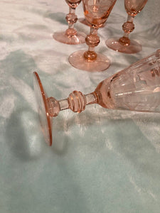 Fry Depression Glass Set of 7 Rose Pink Etched Wine Goblets, 3 oz Root Beer Stem
