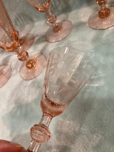Fry Depression Glass Wine Goblets Set of 7, Rose Pink Etched, 3 oz Root Beer Stem
