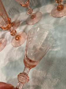 Fry Depression Glass Wine Goblets Set of 7, Rose Pink Etched, 3 oz Root Beer Stem
