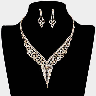 Gold Bridal Wedding Bridesmaids Rhinestone Necklace Set with Matching Earrings - Prom Jewelry Set