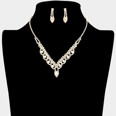 Gold CZ Round Marquise Stone Accented Necklace - Bridal Wedding Bridesmaids Set with Matching Earrings - Prom Jewelry Set