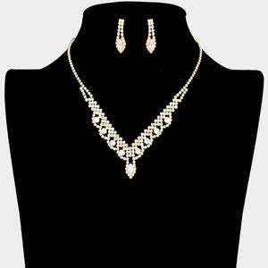 Gold CZ Round Marquise Stone Accented Necklace - Bridal Wedding Bridesmaids Set with Matching Earrings - Prom Jewelry Set