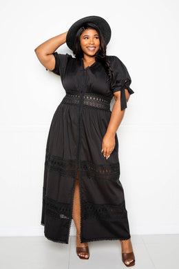 Puff Sleeve Black Maxi Dress With Lace Insert