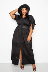Puff Sleeve Black Maxi Dress With Lace Insert