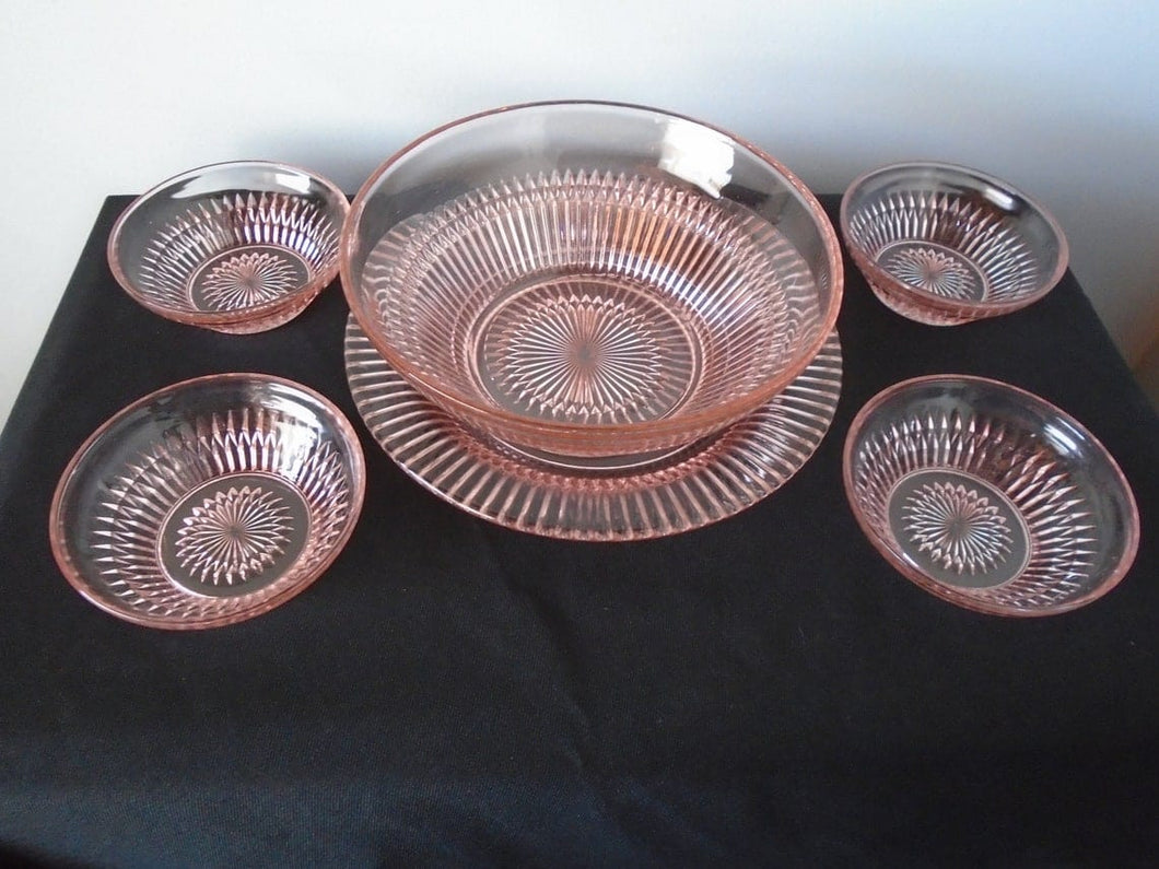 Rare Vintage 6 Piece Pink Depression Salad Bowl Set and Serving Plate