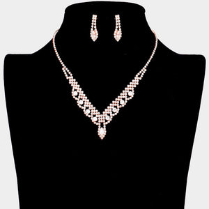 Rose Gold CZ Round Marquise Stone Accented Necklace - Bridal Wedding Bridesmaids Set with Matching Earrings - Prom Jewelry Set