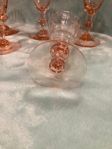 Set of 7 Etched Fry Depression Glass Wine Goblets, Rose Pink 3 oz Root Beer Stem
