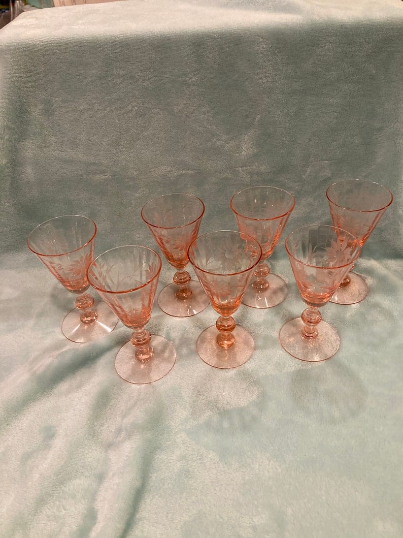 Set of 7 Fry Depression Glass Etched Wine Goblets Rose Pink 3 oz Root Beer Stem