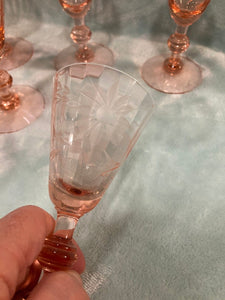 Set of 7 Fry Depression Glass Wine Goblets, Rose Pink Etched, 3 oz Root Beer Stem
