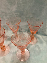 Set of 7 Fry Rose Pink Depression Glass Wine Goblets, 3 oz Root Beer Stem, Etched
