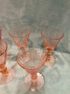 Set of 7 Fry Rose Pink Depression Glass Wine Goblets, 3 oz Root Beer Stem, Etched
