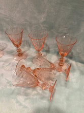 Set of 7 Rose Pink Wine Goblets, Fry Depression Glass Etched 3 oz Root Beer Stem
