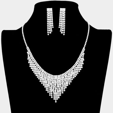 Silver Rhinestone Fringe Necklace - Bridal Wedding Bridesmaids Set with Matching Earrings - Prom Jewelry Set