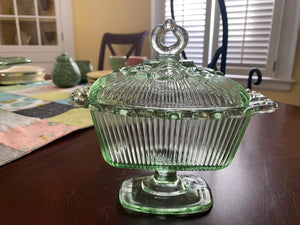 Stunning 1930's Green Glass Depression Sugar Bowl or Candy Dish
