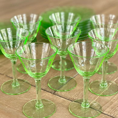 Vintage Green Cordial Glasses Set of 8, Depression Glass
