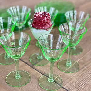Vintage Green Depression Glass Cordial Glasses Set of 8
