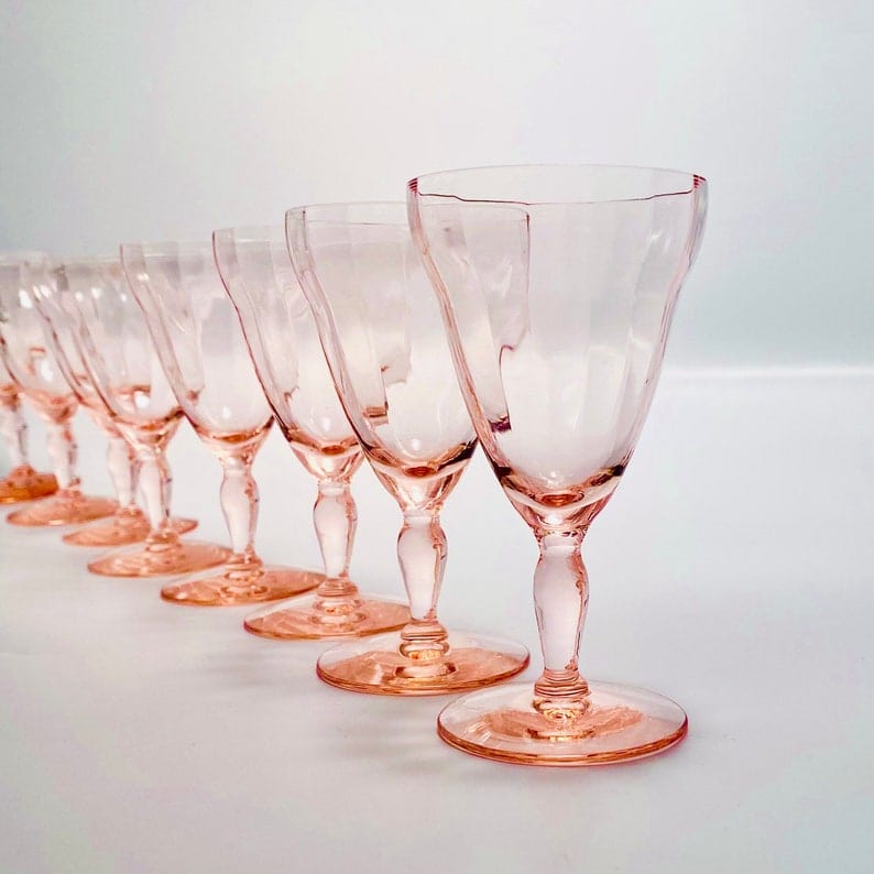 Vintage Pink Optic Glass Cordials Set of 8 Pink Depression Glass Small Cocktail Stemware
