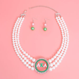 Pearl Necklace Pink Green AKA Set for Women