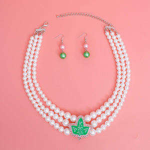 Pearl Necklace Green Tea Rose AKA Set for Women