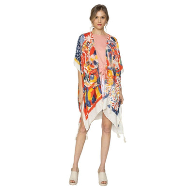 Red Mixed Pattern Tassel Kimono