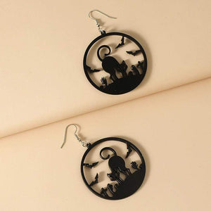 Nihao Halloween Earrings w Black Cat in Graveyard - Halloween Costume Jewelry