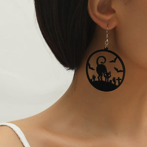 Nihao Halloween Earrings w Black Cat in Graveyard - Halloween Costume Jewelry
