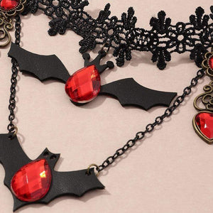 Nihao Spooky Halloween Lace Bat Necklace - Blood Sucking Vampire Themed