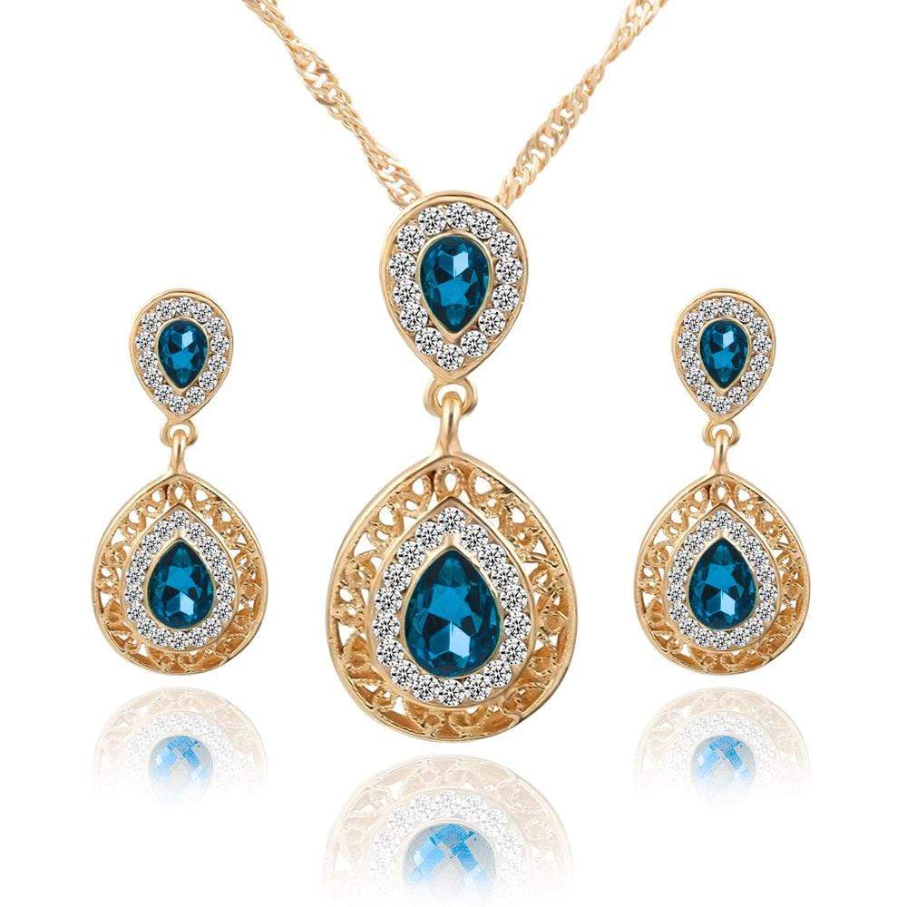 We Sell Fashion Costume Jewelry Aqua Color Stone Necklace w Faux Gold Trim w Matching Earrings