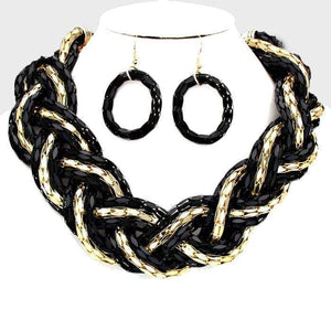 We Sell Fashion Necklaces Black Gold Braided Metal Chain Necklace with Matching Earrings