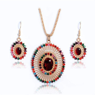 We Sell Fashion Necklaces Tribal Multi Colored Oval Crystal Women's Fashion Pendant Necklace with Earrings