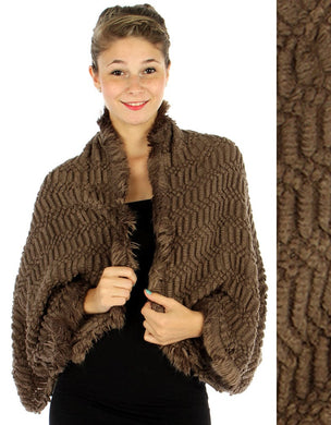 Women's Fur Point Diamond Pattern Shrug in Brown with Fringe - Wrap Cover Up