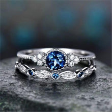 Wish Rings 2 Piece Set Classic 925 Sterling Silver Round Cut Gemstones Sapphire Ring
